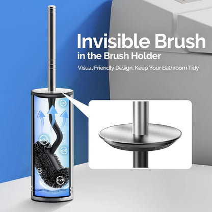 HAMITOR Toilet Brush and Holder Set: 304 Stainless Steel Heavy Duty Deep Cleaning Bowl Cleaner Brush with Curved Bristle - Space Saving Wall-Mounted for Home Apartment Bathroom Accessories Silver