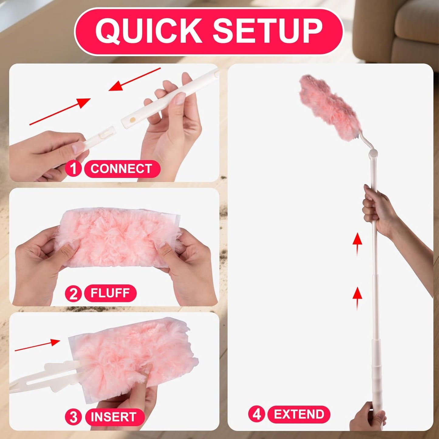 ITTAR 30 Count Duster Refill kit, Dust Cleaning Supplies with Extension Pole, Fan Feather Dusters with 2 Types Handle for Cleaning Home, Celling Fan, Blinds, Furniture, Vent & Shelves-Pink