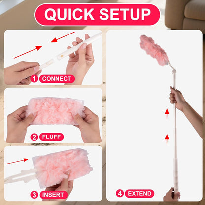 ITTAR 30 Count Duster Refill kit, Dust Cleaning Supplies with Extension Pole, Fan Feather Dusters with 2 Types Handle for Cleaning Home, Celling Fan, Blinds, Furniture, Vent & Shelves-Pink