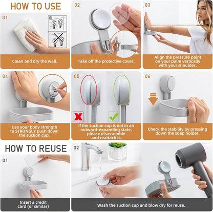 LEVERLOC Soap Holder Shower with Hooks, Bar Suction Cup Soap Dish Tray for Wall, Rust-Proof Stainless Steel Sponge Caddy for Bathroom Accessories Organizer Bathtub Kitchen Sink, Black