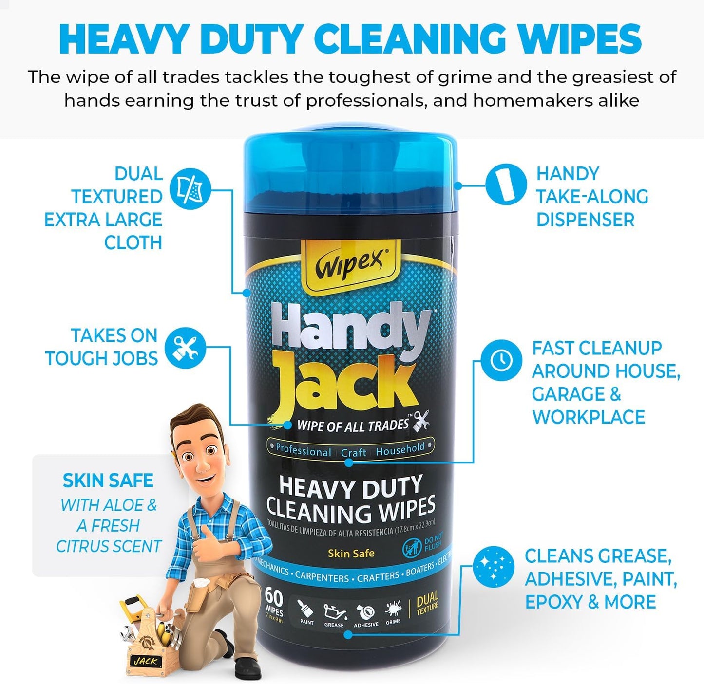 Wipex Handy Jack Heavy Duty Wipes, Dual Texture Cleaning Cloth, Use on Hands, Equipment, Tools - Removes Paint, Adhesives, Oil, Grease, & Dirt, Bulk Size, 260 Count (Pack of 1)