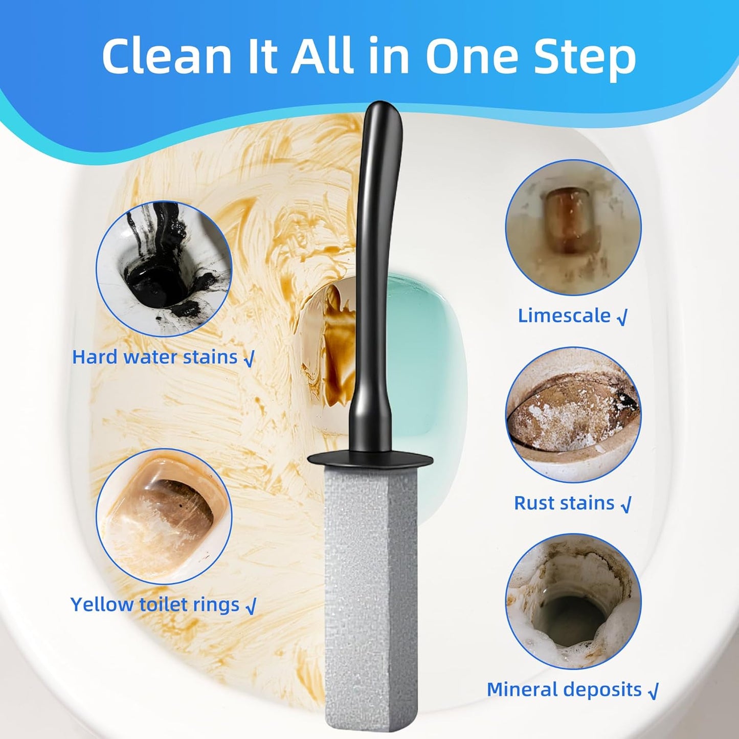Toilet Brush and Holder Set with Pumice Stone – Long Handle Toilet Bowl Brush, Anti-Splash Scrubber, Ventilated Drip-Free Base, Deep Cleaner for Hard Water Stains, Limescale, Toilet Rings, Grey