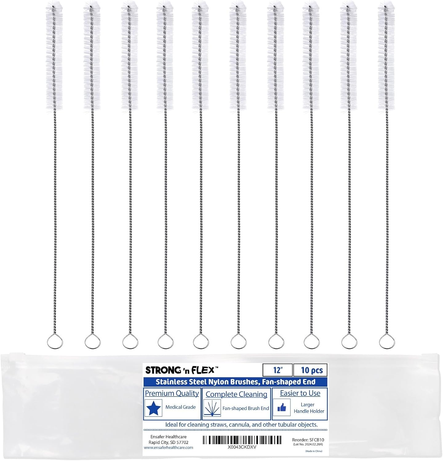 Strong 'n Flex Nylon Straw Cleaner Brushes – Fan-Shaped End for Tight Spaces, Ideal for Reusable Straws, Water Bottles, Sippy Cups & Pipes – Includes Zippered Pouch – 8" Long – Set of 8