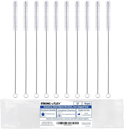 Strong 'n Flex Nylon Straw Cleaner Brushes – Fan-Shaped End for Tight Spaces, Ideal for Reusable Straws, Water Bottles, Sippy Cups & Pipes – Includes Zippered Pouch – 8" Long – Set of 8