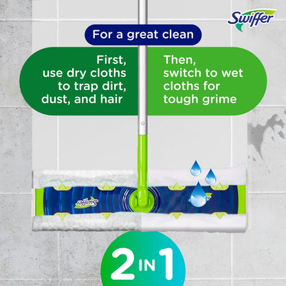 Swiffer Sweep + Mop XL, Broom & Mop Alternative, Floor Cleaner for Dirt, Dust, Hair, All Purpose Cleaning Tool for Home, Bathroom, Kitchen, Set Includes 1 XL Sweeper 8 XL Dry Pads 2 XL Wet Pads Fresh