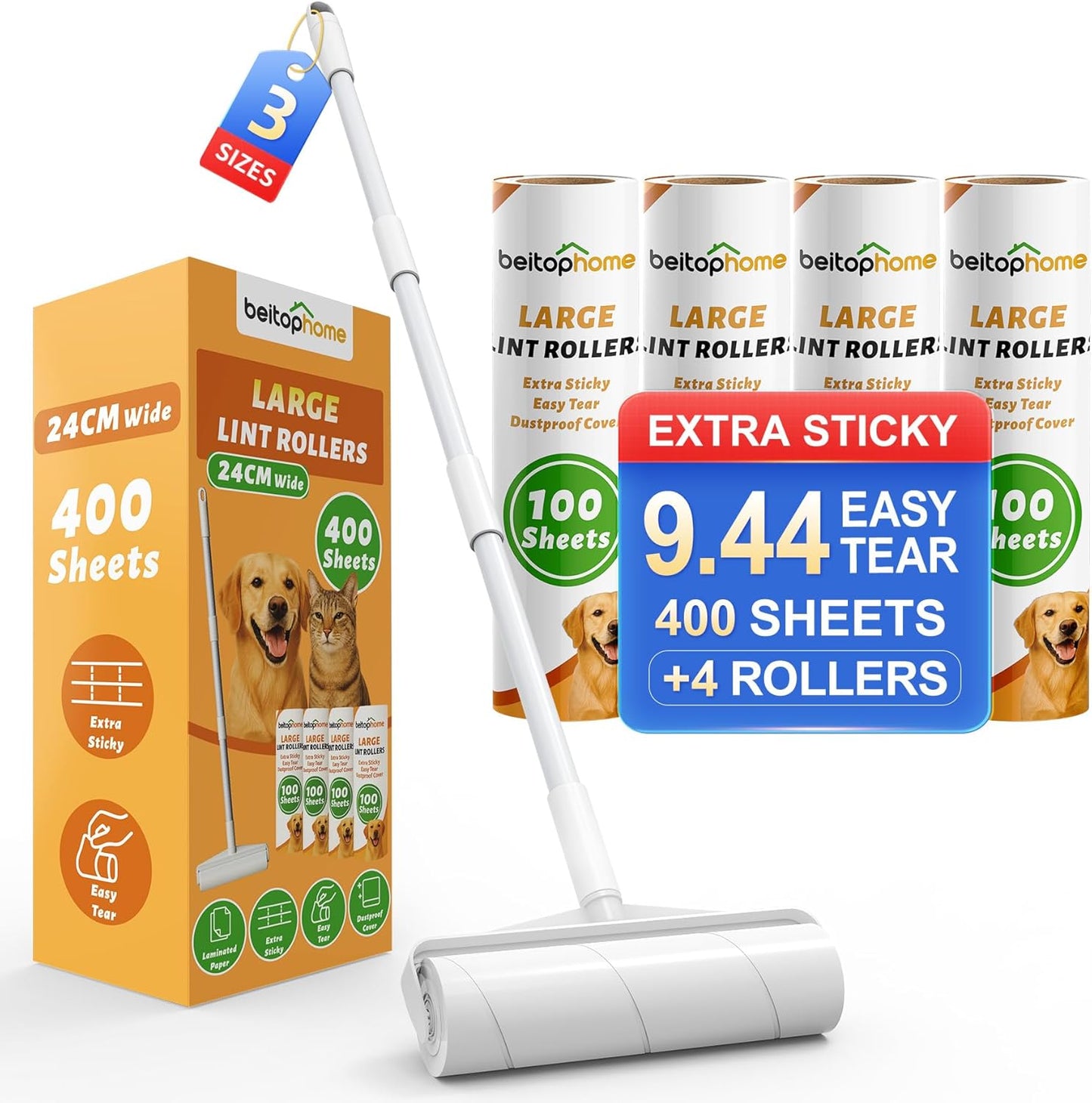 Extra Sticky Lint Roller for Pet Hair, 600 Sheets with 2 Reinforced Handles, Heavy Duty Lint Roller for Clothes, Couch, Furniture & Car