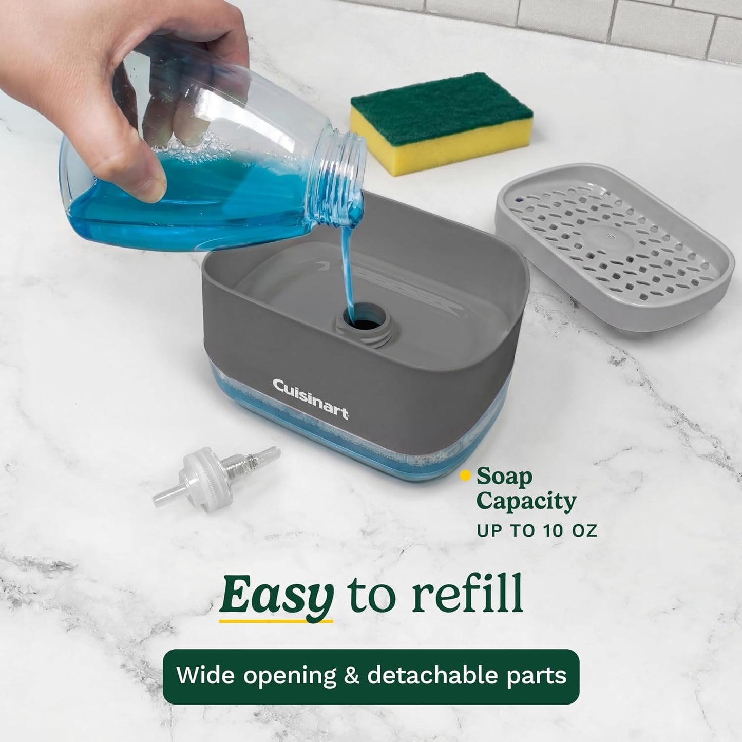 Cuisinart 2-in-1 Dish Soap Dispenser with Sponge Holder and Sponge for Kitchen Sink – Soap Pump Organizer Set with Tray, Countertop Caddy for Dishes, Dishwashing Liquid Dispenser, Sink Essentials