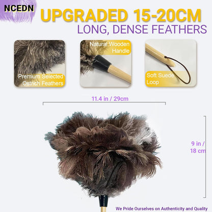 NCEDN Genuine Ostrich Feather Duster 40 Inches - Extendable Stainless Steel Handle, 8 Inches Long Thick Feathers, Telescopic Duster for Ceiling Fans, Blinds, Furniture, Car, Washable