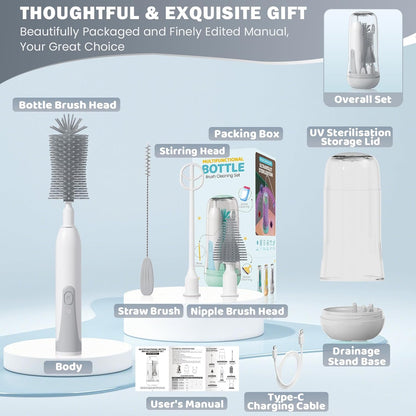 IvyWind Electric Travel Baby Bottle Brush Set with Storage Box, Automatic Bottle Cleaner Brush Kit with Silicone Bottle/Nipple/Straw Brush, Milk Frother Electric and Drainage Rack, Rechargeable, Gray