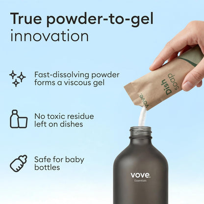 Vove Dish Soap Refills 3-Pack, Bergamot Mint & Basil, Powder-to-Gel Dishwashing Liquid Refill, Plant-Based Concentrated Formula, Grease-Cutting Power, Plastic-Free Compostable Packaging, Essential oil