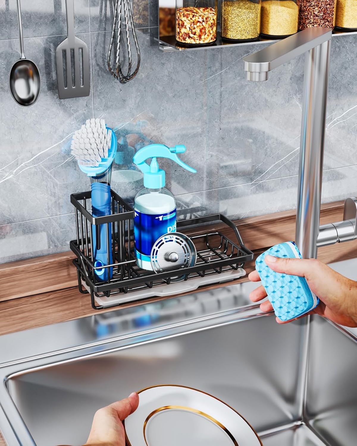 Consumest Sink Caddy, Kitchen Sponge Holder with Dish Brush Holder, Kitchen Organizer with Drip Tray for Countertop, Stainless Steel Rustproof - Silver