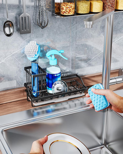 Consumest Sink Caddy, Kitchen Sponge Holder with Dish Brush Holder, Kitchen Organizer with Drip Tray for Countertop, Stainless Steel Rustproof - Silver