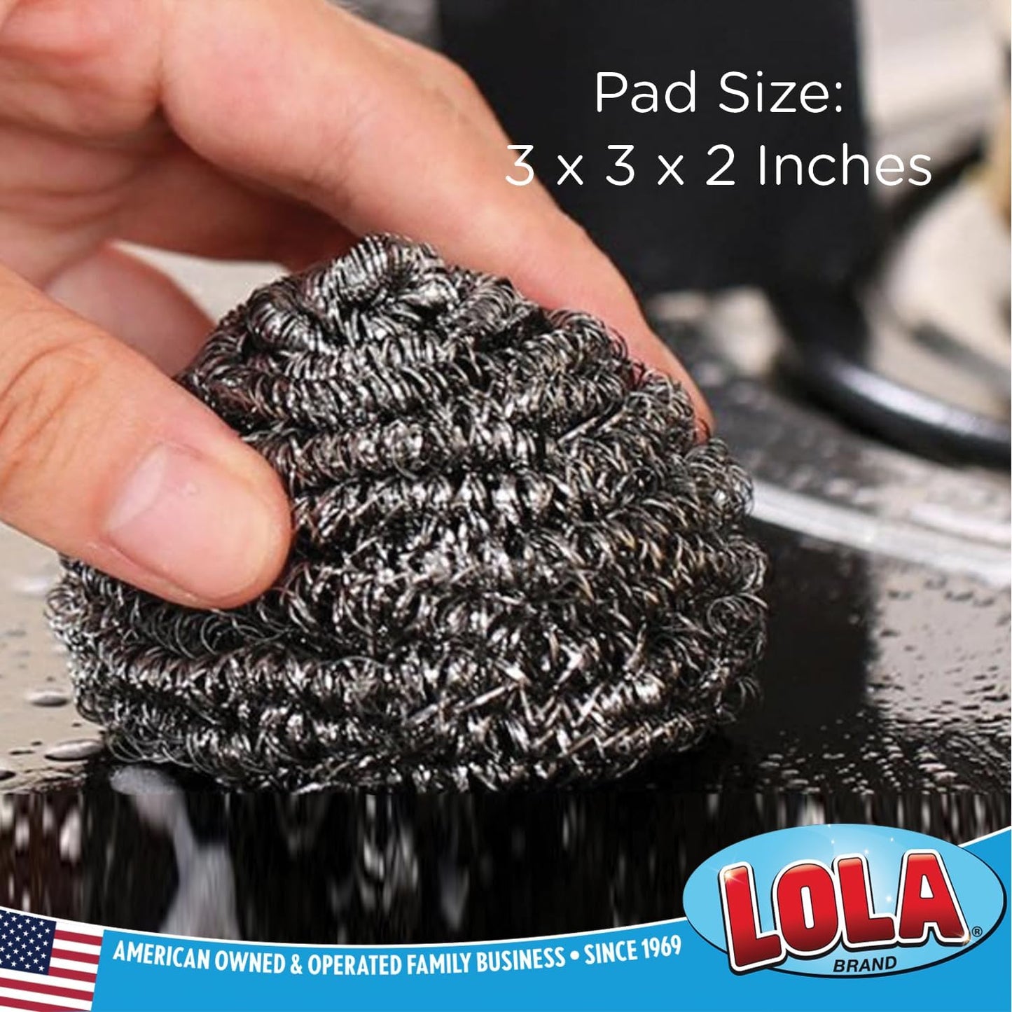 Stainless Steel Wool Scourer -Jumbo Sized- 12 Pack, 35 Grams, by LOLA, Curled Flat Wire, Cleans Caked On & Baked On Messes on Cookware