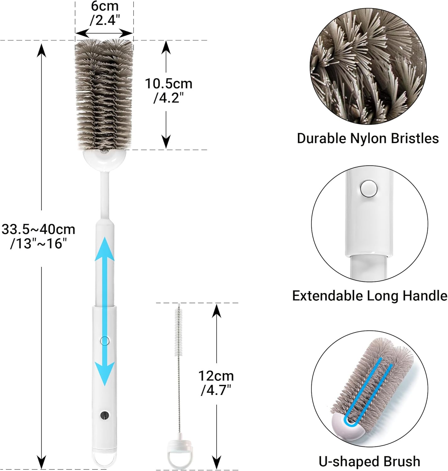 3-in-1 Water Bottle Brushes for Cleaning, 16" Extendable Long Handle Cup Cleaner Scrubber with Hidden Straw Brush for 40oz 55oz Tumblers, Wine Glass, Sports Mugs & Narrow Necks