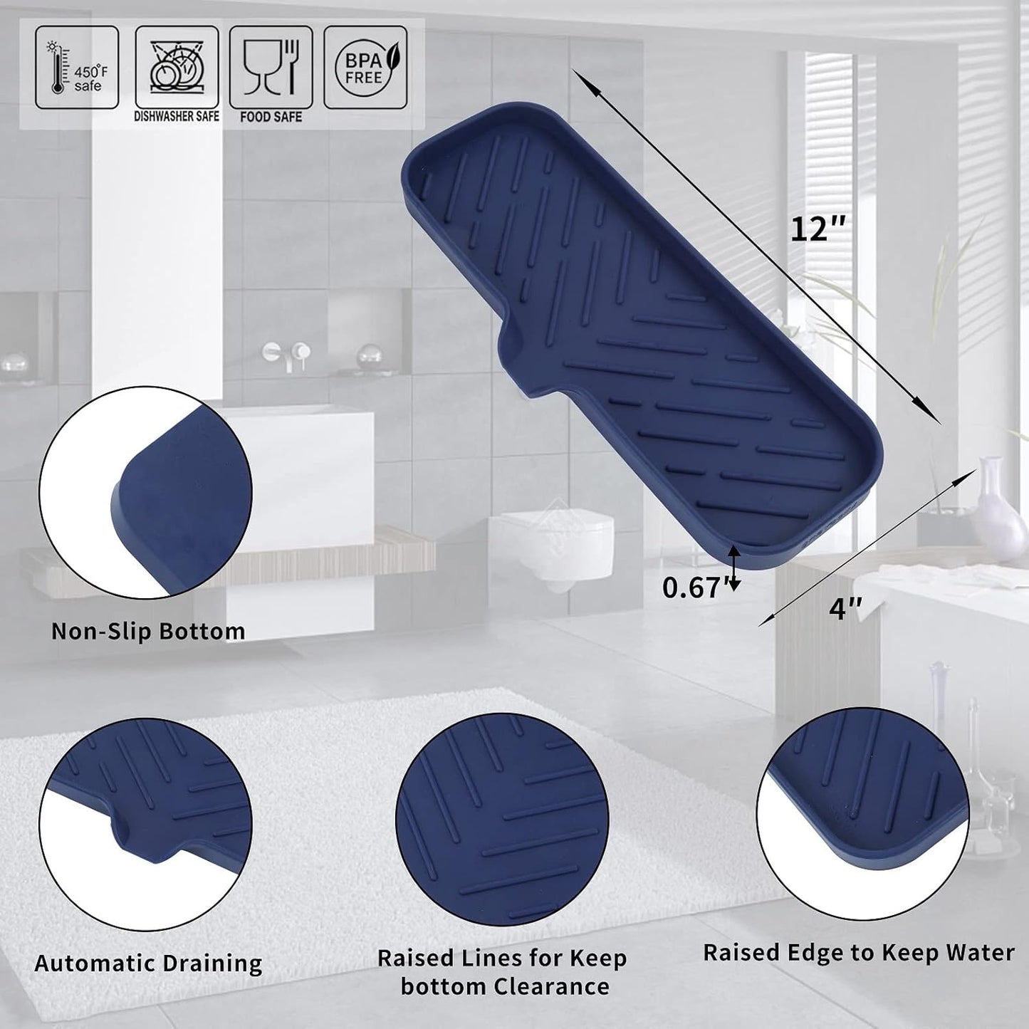 MicoYang Silicone Bathroom Soap Dishes with Drain Spout-Bathroom and Kitchen Sink Organizer,Sponge Holder,Dish Soap Tray,Perfect for Dispenser,Scrubber,Bottle,Cup on Sink or Counter-Black 4.9"×3.2"
