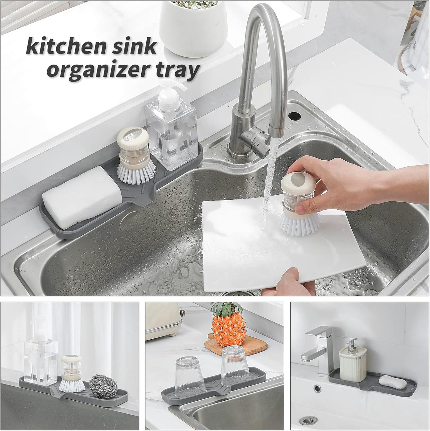 MicoYang Silicone Bathroom Soap Dishes with Drain Spout-Bathroom and Kitchen Sink Organizer,Sponge Holder,Dish Soap Tray,Perfect for Dispenser,Scrubber,Bottle,Cup on Sink or Counter-Black 4.9"×3.2"