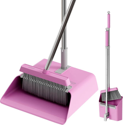 JOYMOOP White Broom and Dustpan Set, Upright Angle Design with Built-in Comb Teeth for Kitchen, Office, Pet Hair, Hard Floors