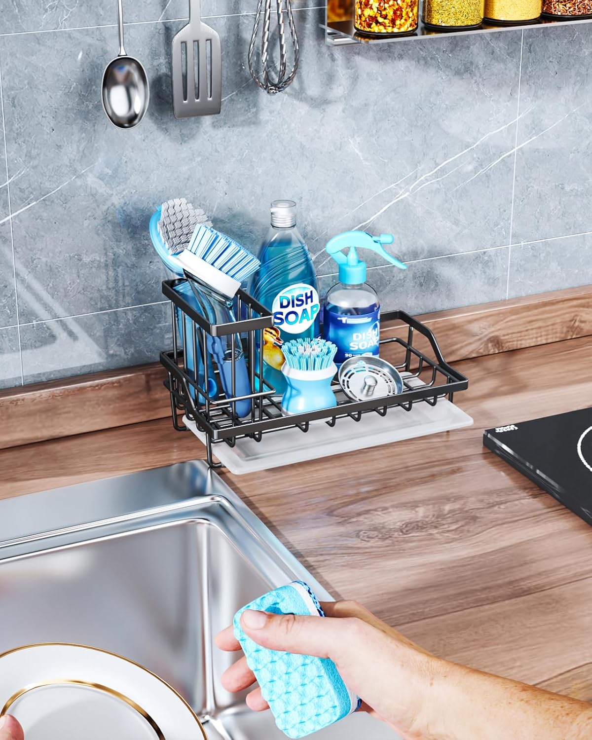 Consumest Sink Caddy, Kitchen Sponge Holder with Dish Brush Holder, Kitchen Organizer with Drip Tray for Countertop, Stainless Steel Rustproof - Silver
