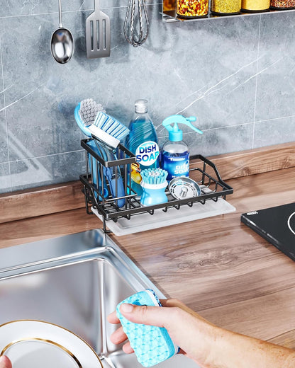 Consumest Sink Caddy, Kitchen Sponge Holder with Dish Brush Holder, Kitchen Organizer with Drip Tray for Countertop, Stainless Steel Rustproof - Silver