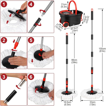 360° Spin Mop and Bucket System with Wringer - 61" Stainless Steel Handle & 3 Microfiber Refills, Self-Cleaning Floor Mop for Tile, Hardwood, Laminate Floors (Black red)