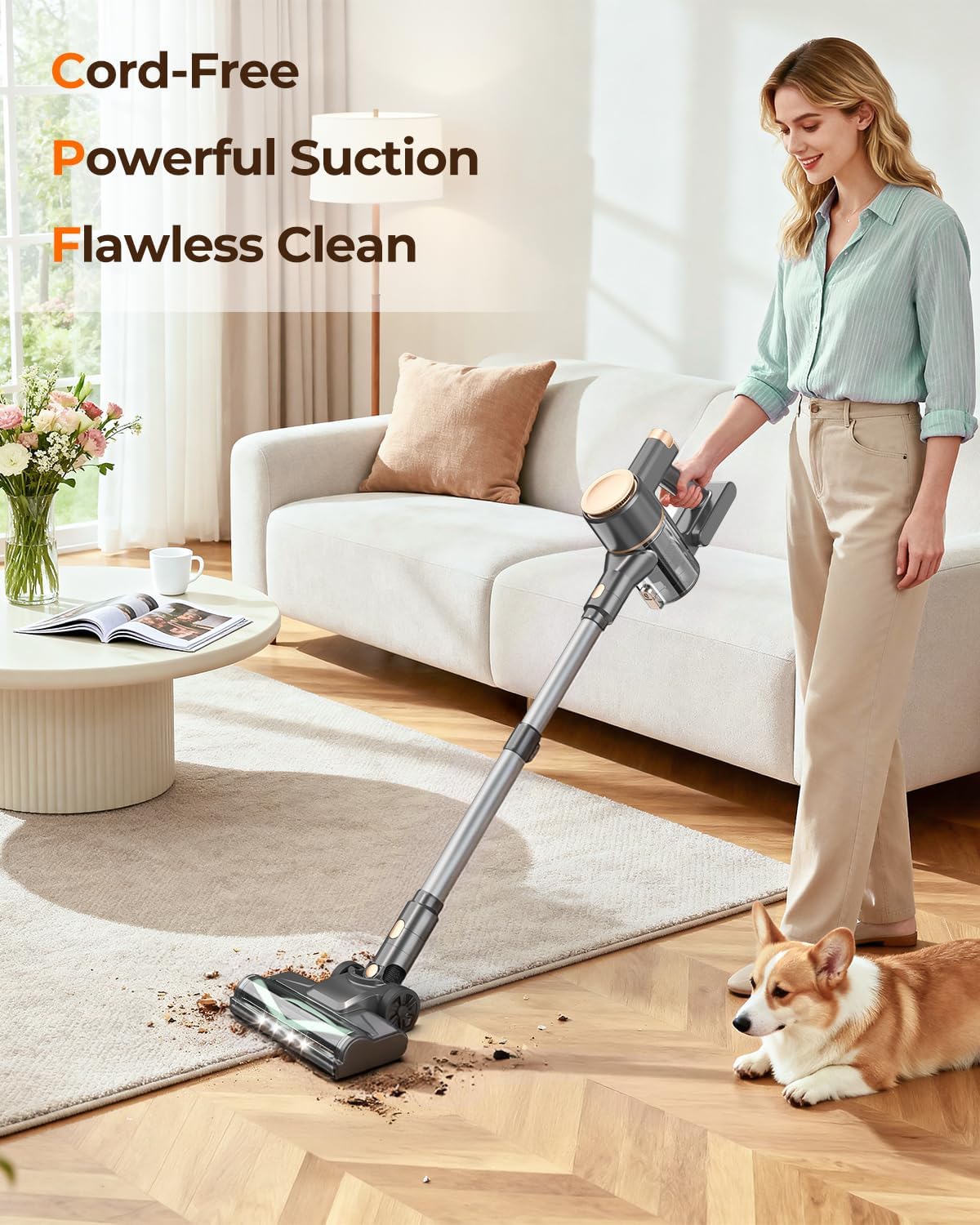 UML0 N8 Cordless Vacuum Cleaner,Lightweight Stick Vacuum with Powerful Suction,2200mAh Battery,40 Mins Runtime, Self-Standing,Rechargeable Vacuum Cleaners for Home Hardwood Floor Pet Hair
