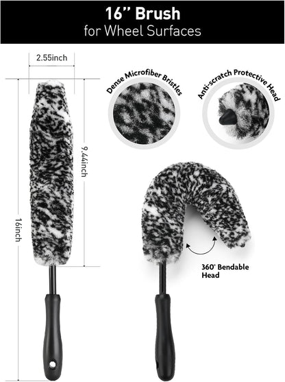 Fantasticlean 7PCS Car Wheel Cleaning Pro Kit, Tire Brush, Soft-bristled Rim Brush, Microfiber Flat Wheel Brush, Double-Ended Detailing Brush, Detailing Pads, Scratch-Free & Multipurpose