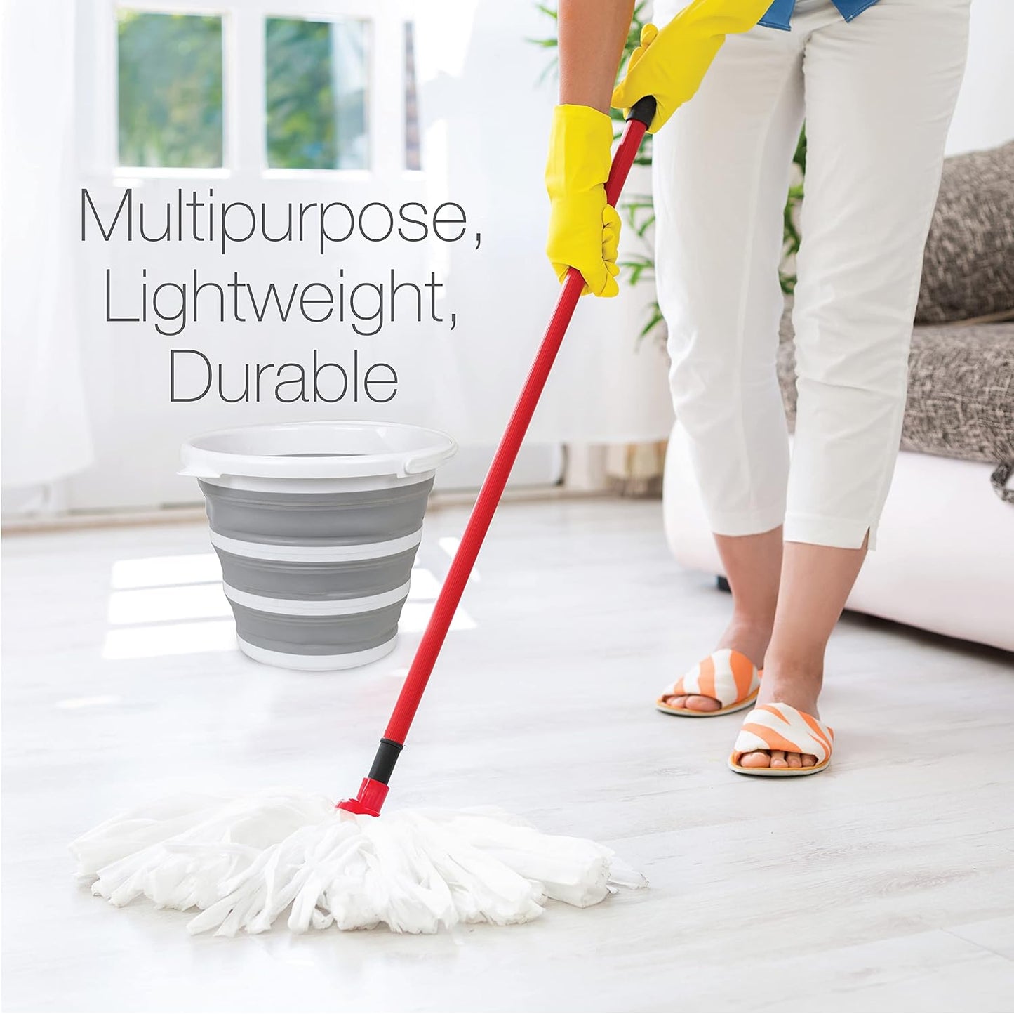 Brookstone Collapsible Bucket, Foldable Cleaning Bucket with Handle, Household Essentials Cleaning Basin and Dust Mop Bucket, Collapsible Wash Basin for Car Cleaning, [2.6 Gal. 10L] Square, Grey