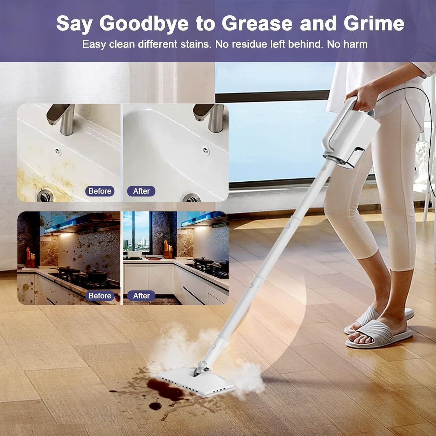 6-in-1 Steam Mop, 1200W Rotated Steam Cleaner for Home, 2 Modes, 400ML Removable Tank, 23FT Power Cord, 2 Pads, Multi-Surface Steamer for Hard Floor, Laminate Floor, Tiles Cleaning (Stone White)