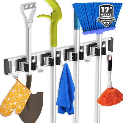 reliahom Adjustable Broom Holder Wall Mount, Mop Storage Tool Racks, Broom Hanger Tool Organizer for Garage, Kitchen, Garden, Laundry Room, 4 Racks 5 Hooks Silver