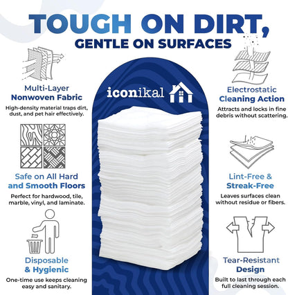 Iconikal Dry Mop Pad Refills (90-Pack) | Fits Swiffer Dry Sweeping Cloths for Dirt, Dust, Hair | Use for Swiffer Pads Refill | Unscented, Disposable Mop Pads for Sweeping, Mopping, Dusting, 11.5" x 8"