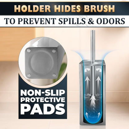 Stylish Stainless Steel Toilet Brush and Holder Set - Silver Toilet Bowl Brush and Holder with Splash Cover, Sturdy Bristles, Corrosion & Scratch Resistant - Elegant Design, Effective Deep Cleaning