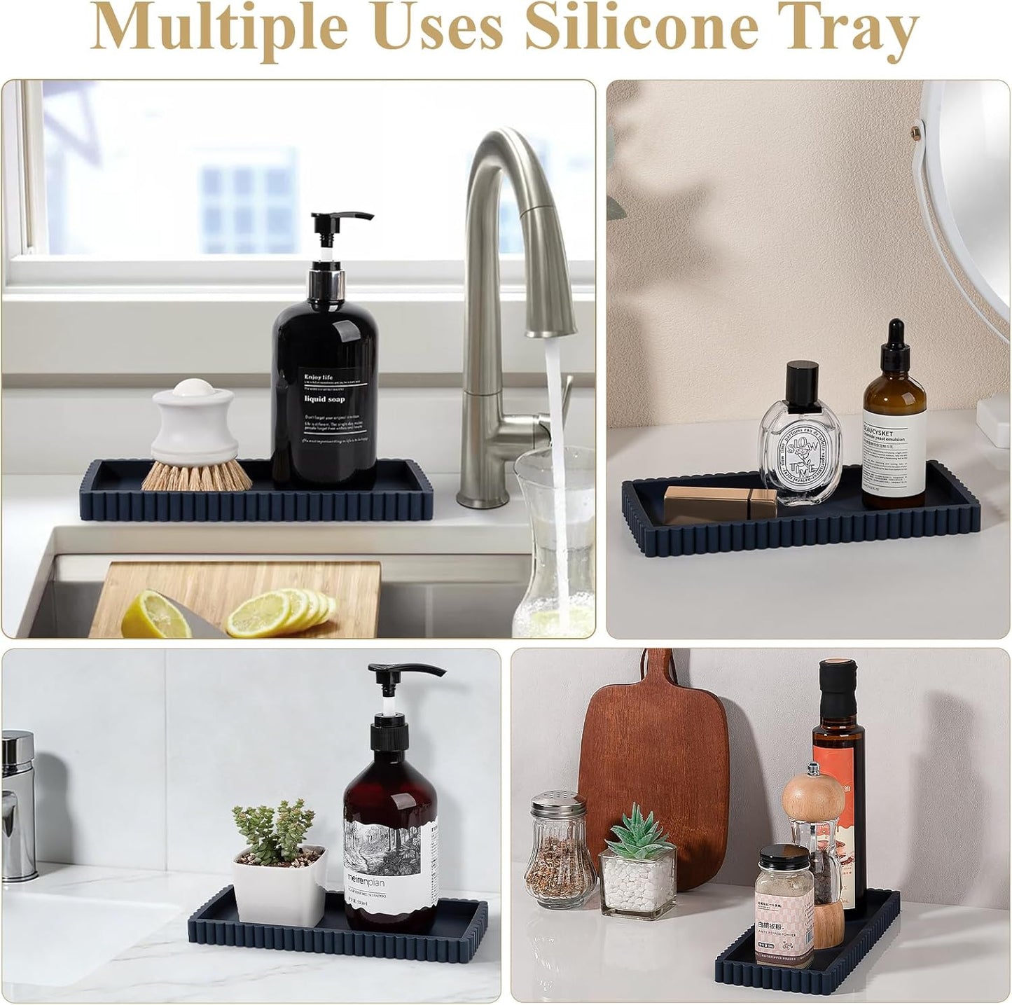 Silicone Bathroom Tray Small Vanity Organizer Rectangle Sink Caddy Sponge Holder Kitchen Counter Decor for Dish Soap, Perfume, Candle, Beige