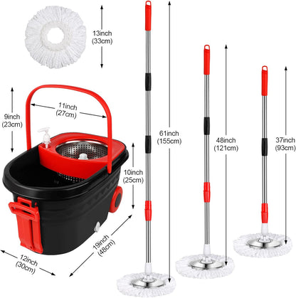 Spin Mop and Bucket with Wringer Set,360° Spin Mop & Bucket Floor Cleaning System Mop Bucket with 61" Adjustable Extended Handle 3 Microfiber Replacement Head Refills