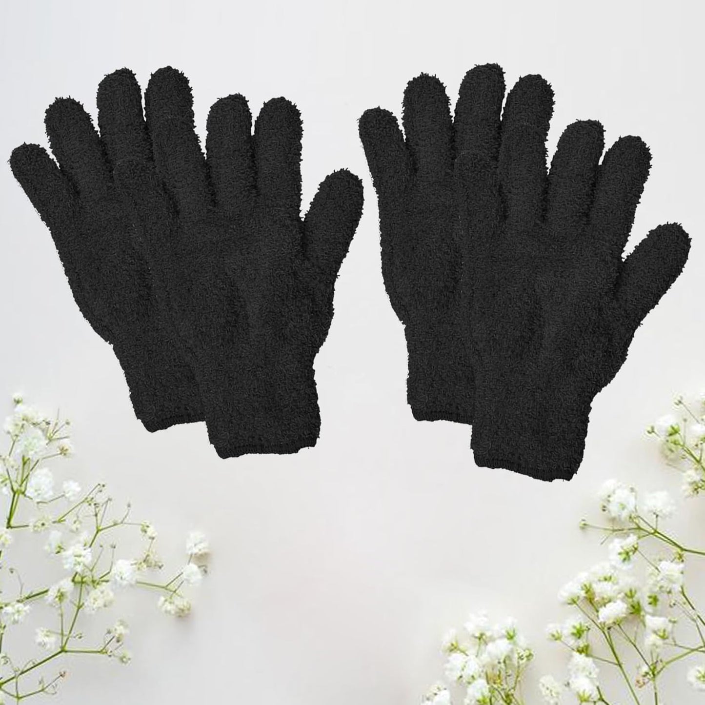2 Pairs Black Reusable Plush Microfiber Gloves for Cleaning and Dusting, Soft Dusting Gloves for Furniture, Blinds, Car Interior, and Electronics