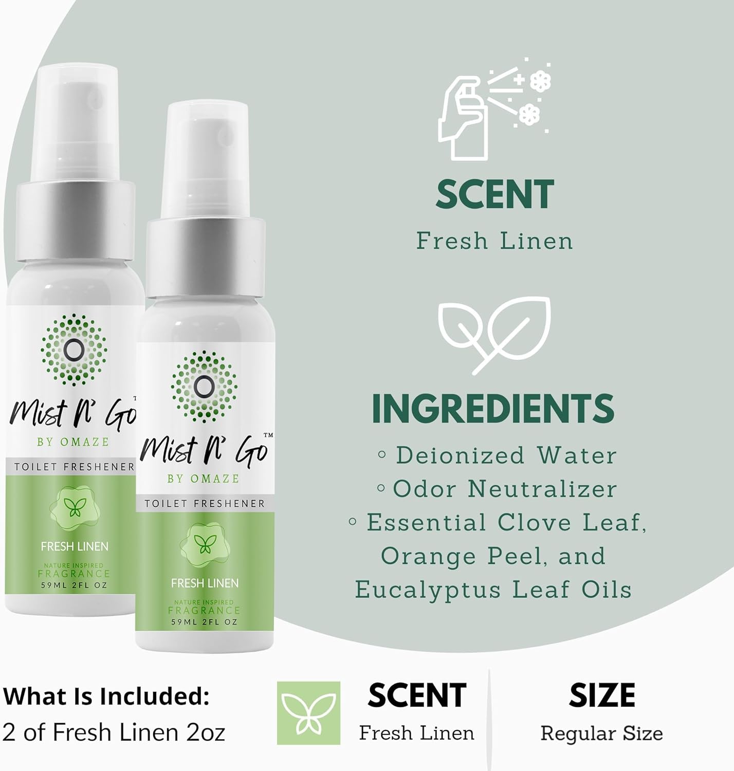 Mist N’ Go by Omaze Travel Bathroom Spray for Toilet Spray Odor Eliminator - Travel Toilet Spray for Bathroom Air Freshener Spray for Bathroom Deodorizer - Clean Mix, Travel Size (1oz x2)