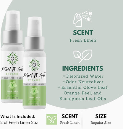 Mist N’ Go by Omaze Travel Bathroom Spray for Toilet Spray Odor Eliminator - Travel Toilet Spray for Bathroom Air Freshener Spray for Bathroom Deodorizer - Clean Mix, Travel Size (1oz x2)