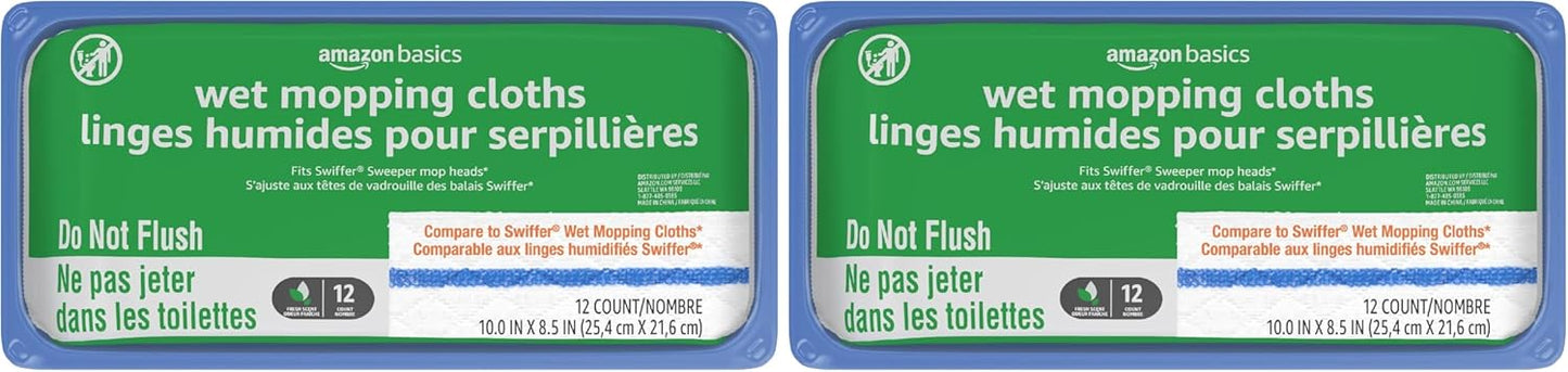 Amazon Basics Wet Mopping Cloth Refills, Floor Cleaning, Fresh Scent, 12 Count (Fits Swiffer Sweeper Mop Heads)