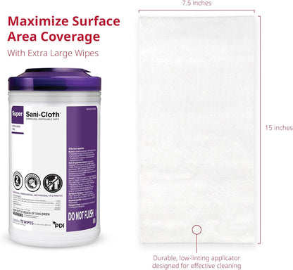 Super Sani- Cloth Germicidal Disposable Wipe, X-Large 5'' x 8'' Wipe, Pop Up Dispenser of 65