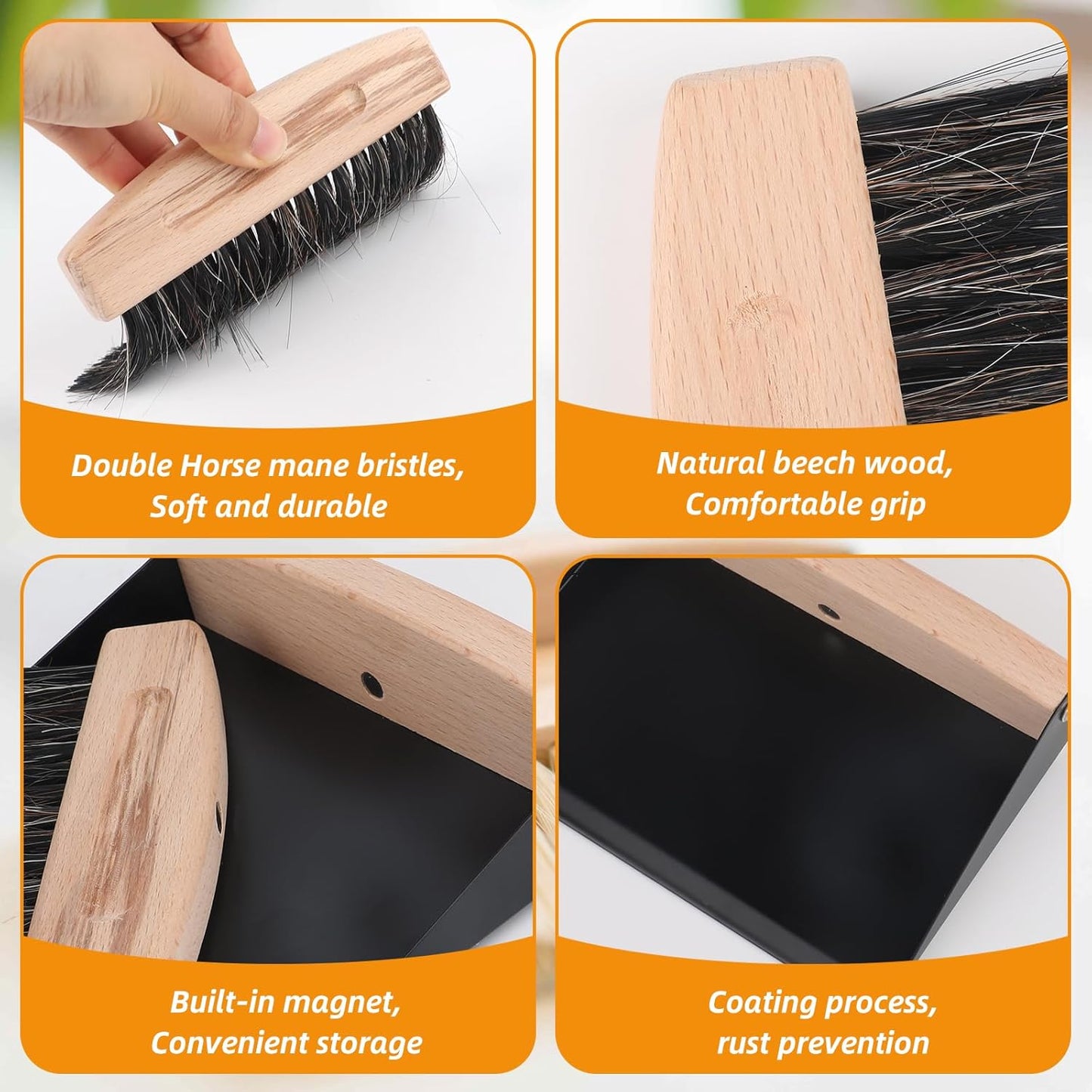 Small Dustpan and Brush Set with Wooden Handle,Mini Metal Crumb Sweeper for Countertops,Desk,Pet Hair,Car,Portable Cleaning Tools for Kitchen,Camping,Sofa (White)