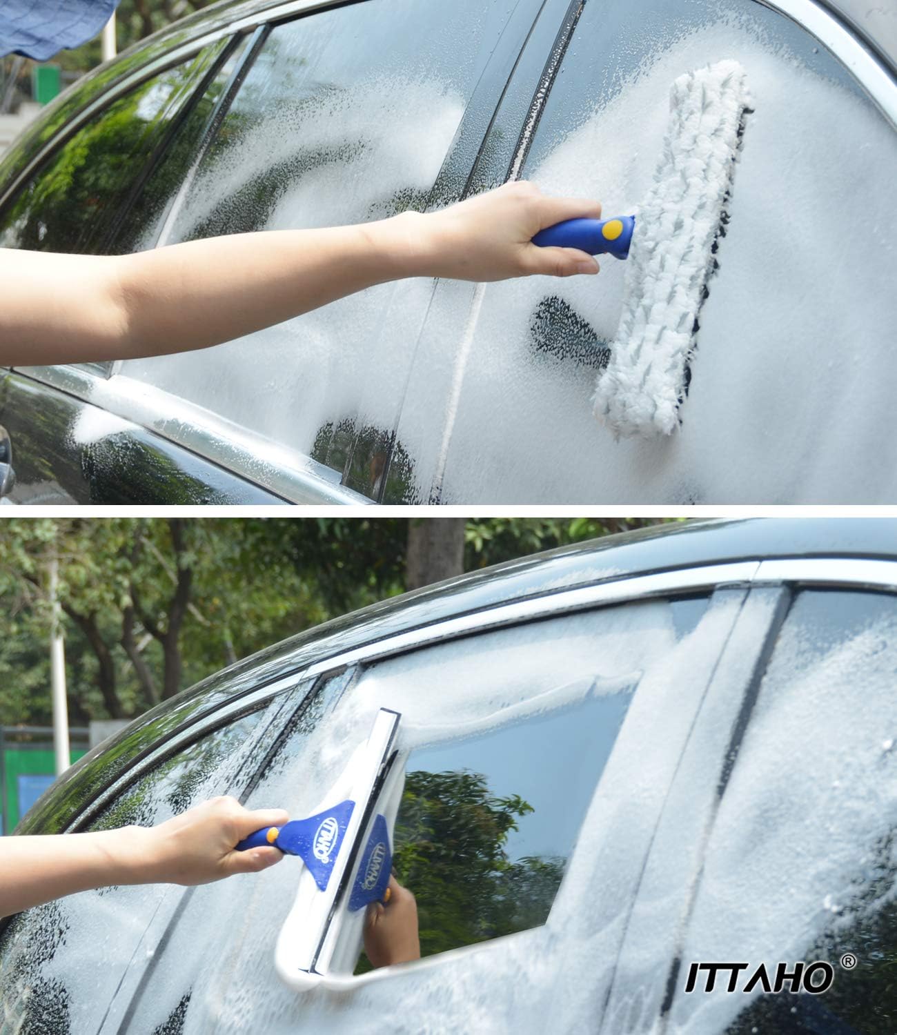 Window Washing Kit with Extension Pole, 10" Squeegee & 11" Microfiber Scrubber Combi with Stainless Steel Pole, Window Cleaner for Car, Sliding Door,Shower Glass Door-Swivel Style-2 Pads