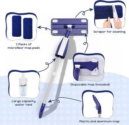 Kids Spray Mop - Chores Chart Set Montessori Cleaning Toy Set with Real Water Sprayer 2PCS Washable Pads and 10PCS Disposable Mop Pads for Ages 3-8 (Blue)