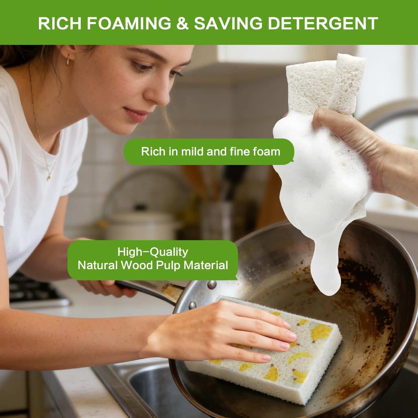 Cellulose Sponges, Large Size 4" x 6" x 1" - Heavy Duty Scrub Kitchen Sponge, Clean Tough Messes Without Scratching Kitchen Cleaning Pads, Pop Up Eco DIY (6 Pack), Green