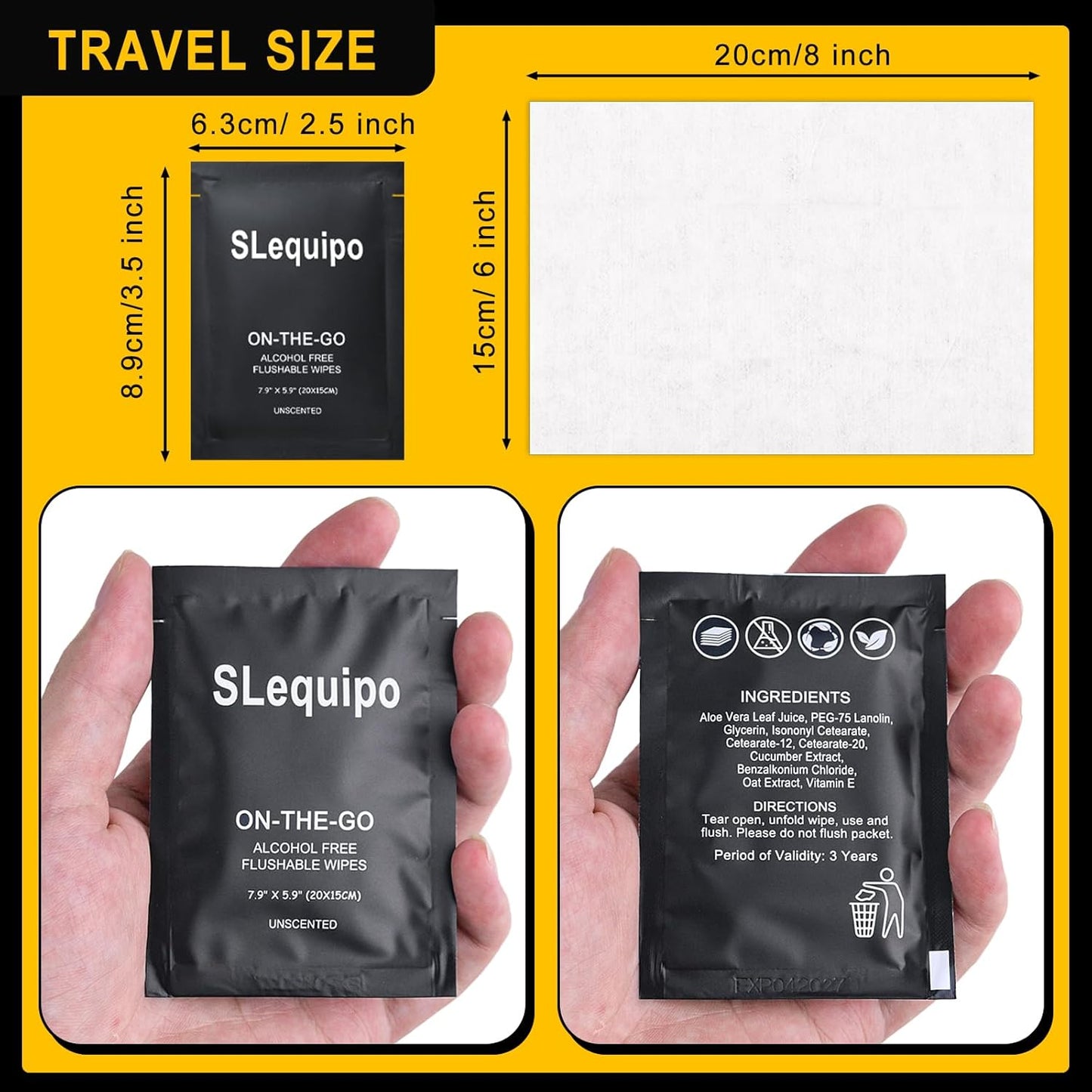 100 Pcs Flushable Wet Wipes, Aloe Vera for Butt, Hands, Face Cleaning, Sufficient Quantity, Individual Wrapped, Portable Size, Ideal for Daily Use, Plant Based, Black