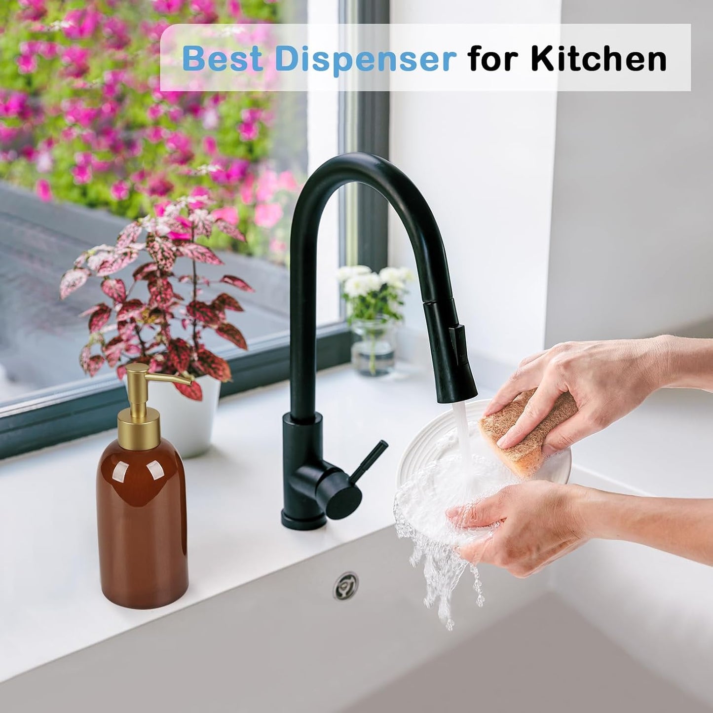 Natheeph Dish Soap Dispenser, Hand Soap Dispenser Ceramic Bottle, Refillable Liquid Great for Kitchen Dish Soap, Hand Soap, Essential Oil & Lotion (Bright White)