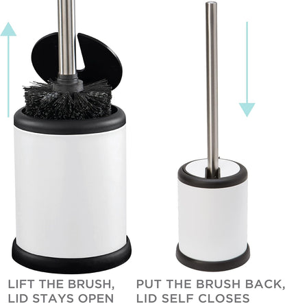 Bath Bliss Toilet Brush and Holder | Self Closing Lid | 360 Degree Brush Head | Bathroom Cleaning | Compact Size | Storage and Organization | Stainless Steel