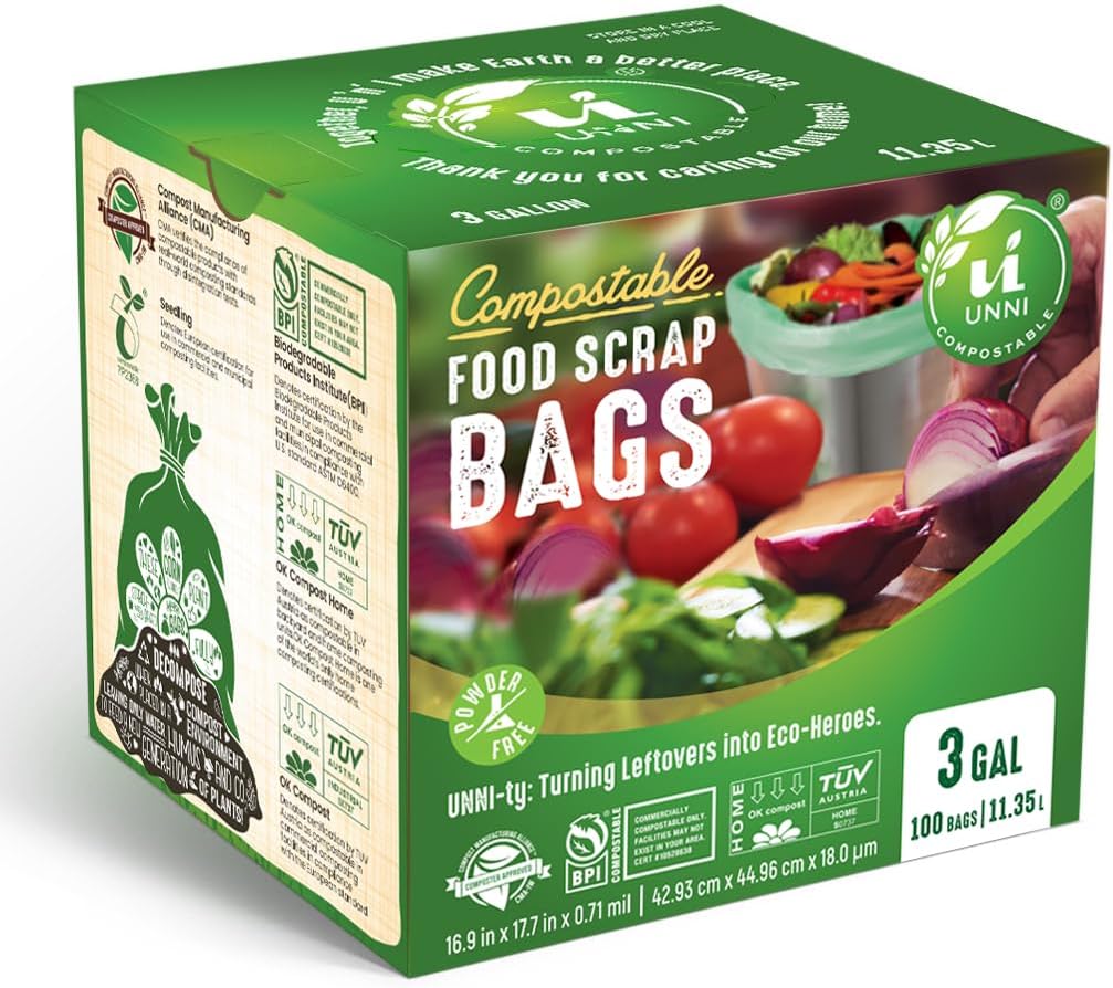 UNNI Compostable Trash Bags, 13 Gallon / 49.2 Liter, 50 Count, Extra Thick 0.9 Mil Tall Kitchen Food Scrap Bin Liners, Certified by BPI, CMA & OK compost HOME, Meets the ASTM D6400 Standard