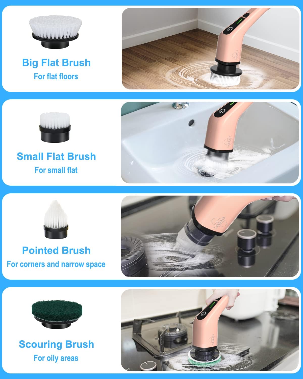 Leebein Electric Spin Scrubber, Cordless Cleaning Brush with 8 Replaceable Brush Heads, Tub and Floor Tile 360 Power Scrubber Dual Speed with Adjustable & Detachable Handle for Bathroom Kitchen Car