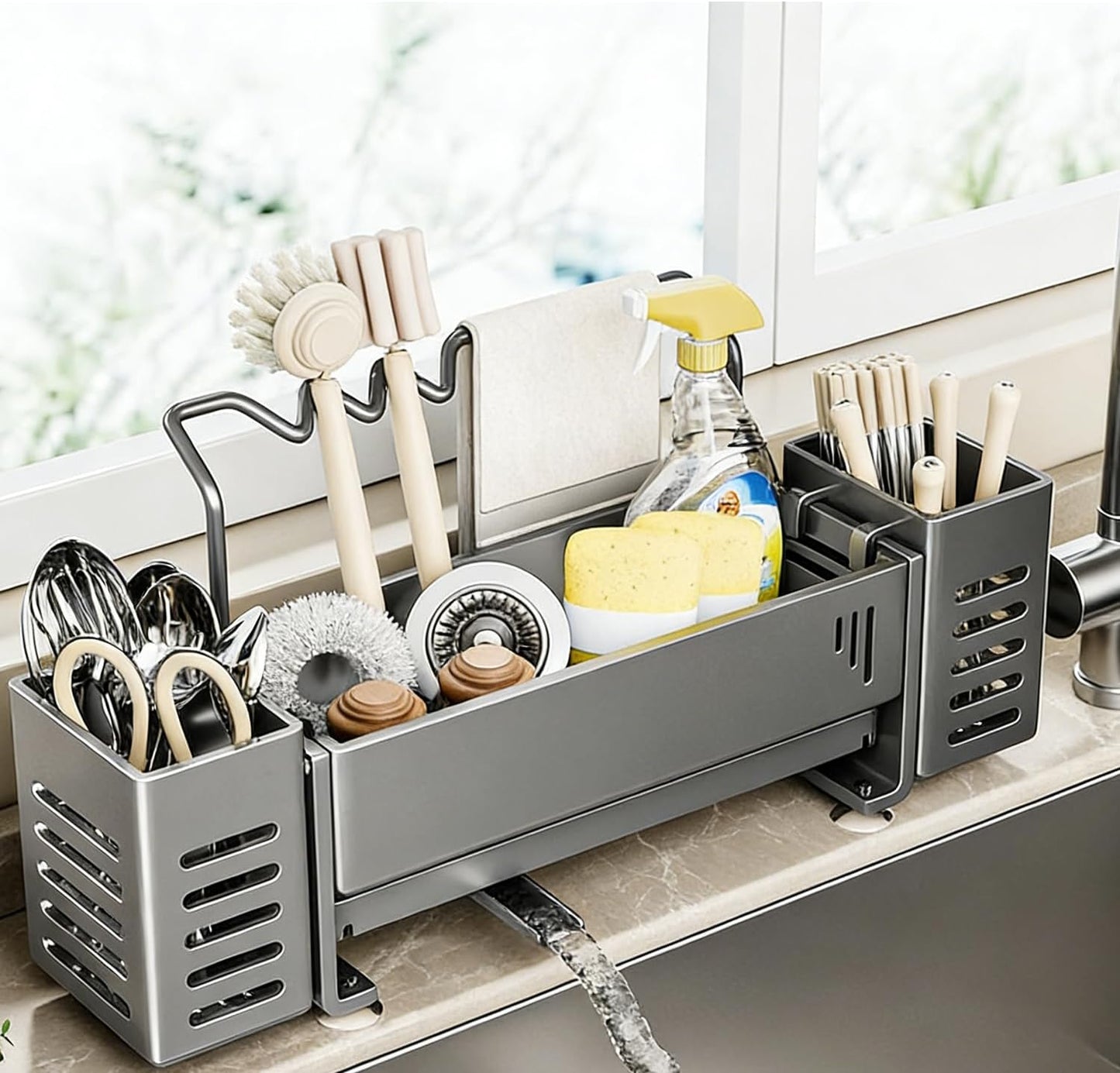 Sponge Holder for Kitchen Sink, Sink Caddy Organizer with 2 High Brush Holder, Kitchen Countertop Organizers and Storage Essentials, Self-draining Sponge Caddy Soap Dispenser Organizer (Gray)