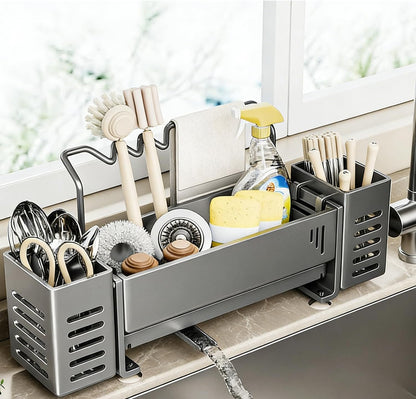 Sponge Holder for Kitchen Sink, Sink Caddy Organizer with 2 High Brush Holder, Kitchen Countertop Organizers and Storage Essentials, Self-draining Sponge Caddy Soap Dispenser Organizer (Gray)