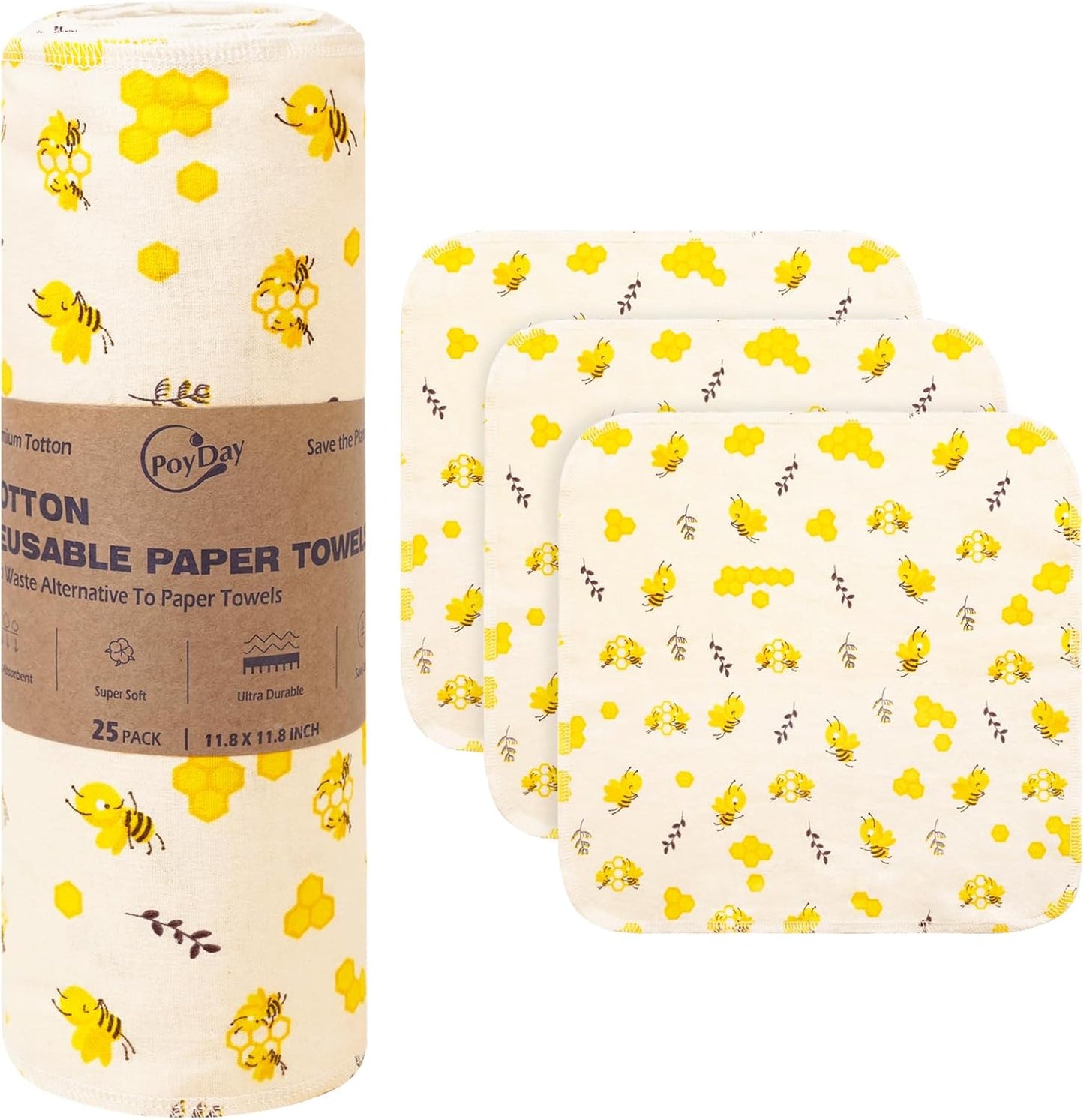 Paper Towels Washable Roll: 25Pack Cotton Cloth Paper Towels 11.8x11.8In Absorbent Soft Flannel Paperless Towels Alternative for Kitchen Reusable Napkins Zero Waste (Flower, Large)